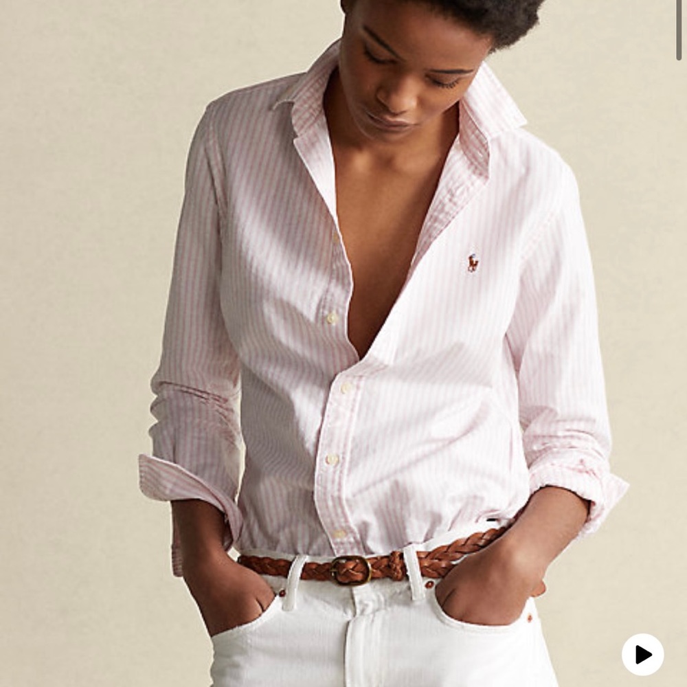 Pink and white striped polo button down